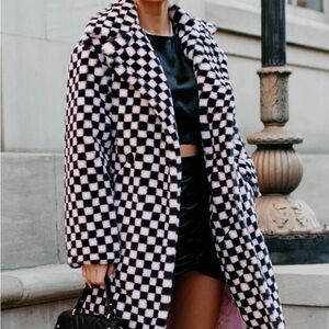 Checkered Black and Pink Faux Fur Coat